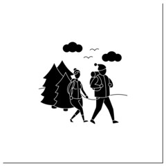 Friluftsliv glyph icon. Family hiking. Man and woman walking in forest. Nice weather. Nature landscape. Nordic outdoor activities concept.Filled flat sign. Isolated silhouette vector illustration