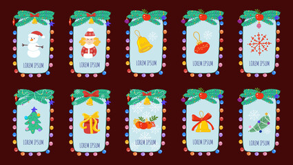Cute New Year templates for text in cartoon style. Christmas background frame for text with fir branches, Christmas decorations, LED garlands and stmpathetic illustrations. New Year cards with winter 