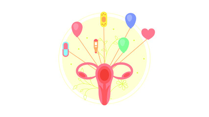Abstract Flat Uterus Icon Flies On Icons Medic Cartoon People Character With Heart Concept Illustration Vector Design Style Healthcare Diagnosis Clinic