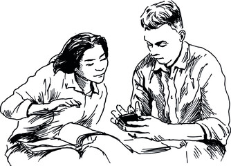 Hand sketch of two young students. Vector illustration.