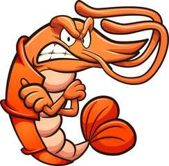 Angry cartoon shrimp with crossed arms looking at camera. Vector clip art illustration with simple gradients. All on a single layer.
