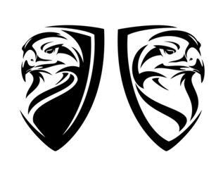 wild hawk bird head and simple heraldic shield - guard eagle insignia badge modern black and white vector design