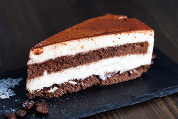 chocolate cake with cream layers, close up