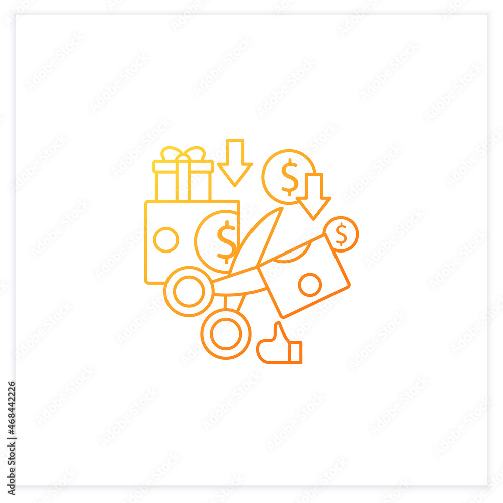 Poster less spending gradient icon.reasonable money use. mindful spending.scissors cut money.universal basi