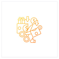 Less spending gradient icon.Reasonable money use. Mindful spending.Scissors cut money.Universal basic income concept.Isolated vector illustration.Suitable to banners, mobile apps and presentation