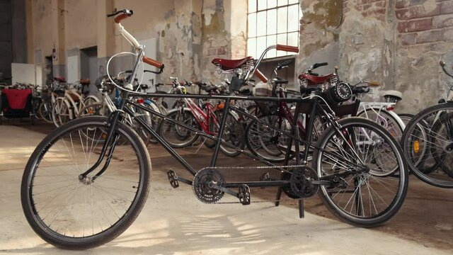 Retro bicycle, draisine. Racing velocipede. Two-seater bicycle. Tandem bike