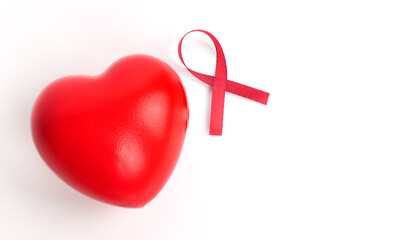 red ribbon with red heart, World Aids Day concept. Healthcare and medical concept, World Aids Day.                         