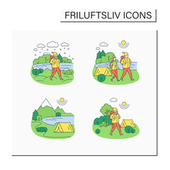 Friluftsliv color icons. Family hiking. Green, eco tourism. Adventure tourism. Nature landscape. Nordic outdoor activities concept.Isolated vector illustrations