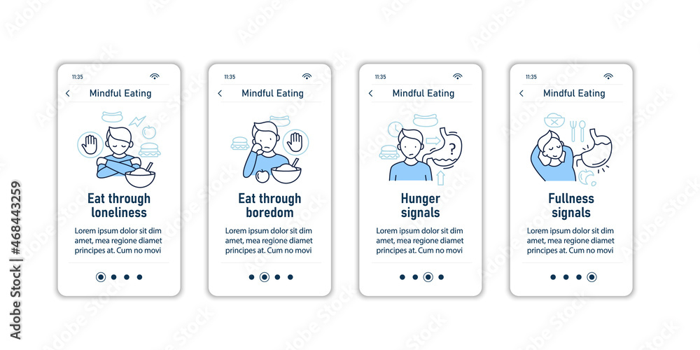 Poster mindful eating onboarding mobile app screens. conscious, intuitive nutrition steps menu. set of ui, 