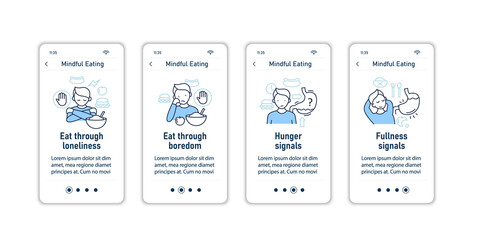 Mindful eating onboarding mobile app screens. Conscious, intuitive nutrition steps menu. Set of UI, UX, web template with RGB color linear icons - obrazy, fototapety, plakaty