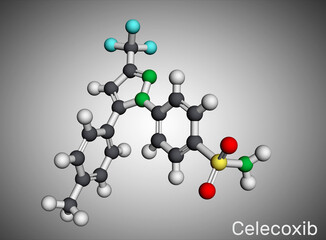 Celecoxib molecule. It is COX-2 inhibitor and nonsteroidal anti-inflammatory drug (NSAID). Used to treat osteoarthritis, rheumatoid arthritis, acute pain. Molecular model. 3D rendering