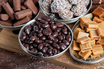 Assortment of delicious chocolate candies background. Chocolate candy isolated 