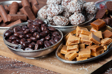 Assortment of delicious chocolate candies background. Chocolate candy isolated 