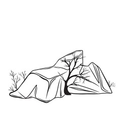 Stone with plant, drawn monochrome boulders, outline vector illustration.