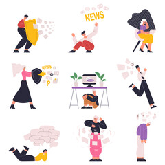 Information overload, anxiety people with news, data congestion. People hide from social media information overloading vector illustration set. Internet stream overload