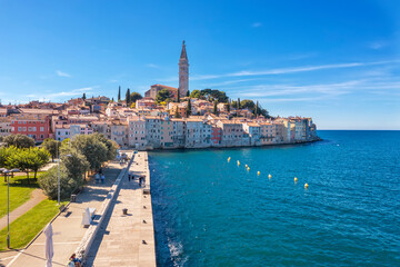 An amazing wiew of Rovinj with bell tower and protector of city St. Euphemia, Istria, Croatia