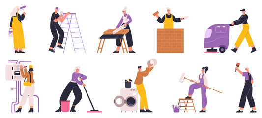 Home repair, house renovation workers, plumber, electrician, painter. Repair service workers and cleaner characters vector illustration set. Professional home repair workers