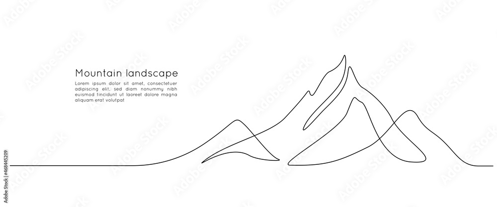 Leinwandbilder One continuous line drawing of mountain range landscape. Web banner with mounts in simple linear style. Adventure winter sports concept isolated on white background. Doodle vector illustration