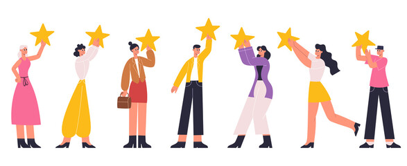 Small characters holding big gold rating stars. People hold stars, positive rating, customers feedback or good review metaphor vector flat illustration. Positive vote concept