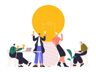 Successful idea generating, business brainstorming, creative discussion. Business people sharing ideas and thoughts vector flat illustration. Good ideas generating
