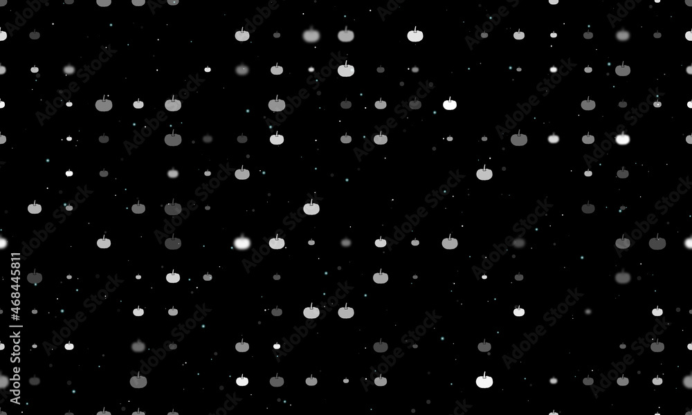 Poster seamless background pattern of evenly spaced white pumpkin symbols of different sizes and opacity. v