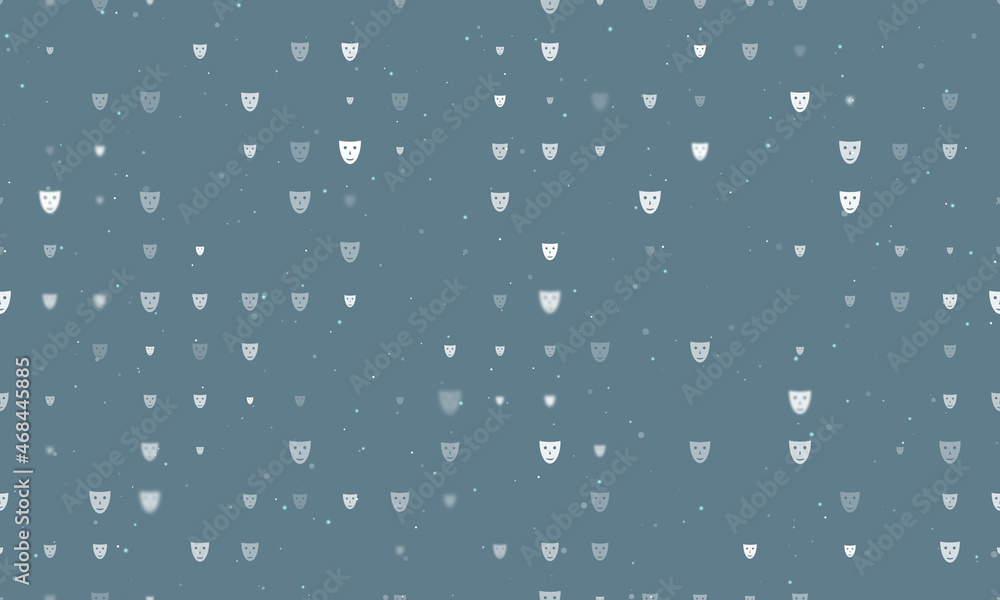 Poster seamless background pattern of evenly spaced white theatrical masks of different sizes and opacity. 