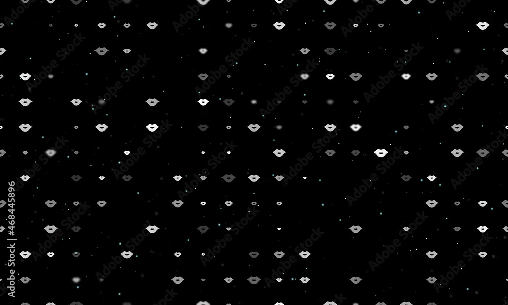 Poster seamless background pattern of evenly spaced white lips symbols of different sizes and opacity. vect