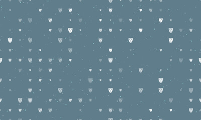 Seamless background pattern of evenly spaced white theatrical masks of different sizes and opacity. Vector illustration on blue gray background with stars