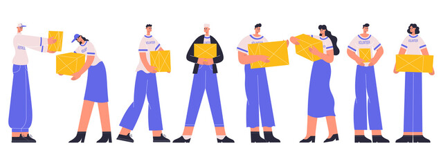 Volunteers team, charity social workers carrying donations. Diverse charity social workers team vector flat illustration set. Young people volunteering