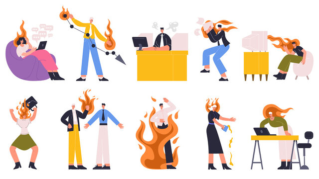Conflict, stress situations, people in fire at work or at home. Stressed, angry, argue chaotic characters vector illustration set. Emotional people in fire