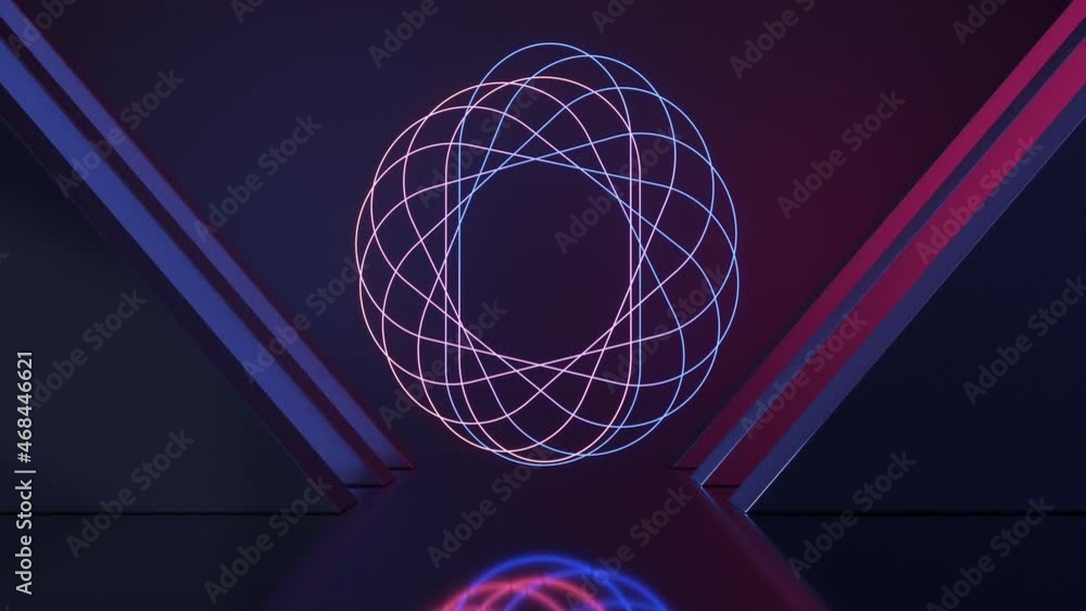 Poster the rotation neon lines in the room, 3d rendering.