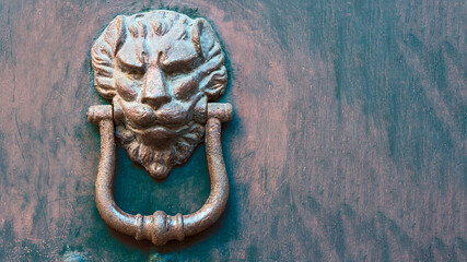 a bronze doorknob in the shape of a lion's head with a formidable look. The concept of strength, power