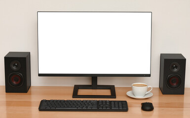 Blank screen on the desktop computer with cup of coffee, mock up