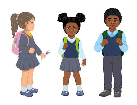 School children, boy and two girls communicate. African American boy and girl. Vector illustration. Flat cartoon style isolated on white background.