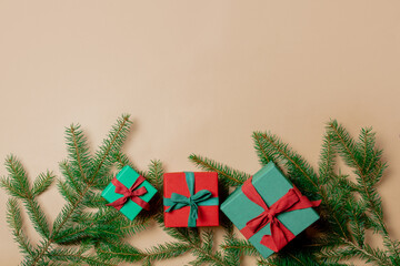 Holiday gift boxes with spruce branches