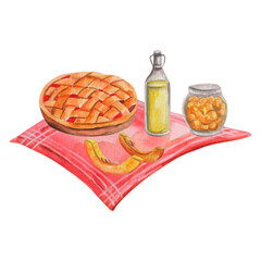 Watercolor composition of apple pie, canned food on picnic napkin. Eco Farm meal. Homemade baking. Perfect for autumn invitations, greeting cards, posters, prints, food blog, recipes, bakery shop logo
