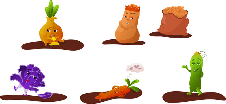 set of autumn cartoon vegetables. Emotions vector potato, carrot, cucumder, onion, cabage