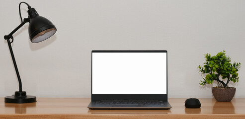 Laptop computer, white blank screen, front view