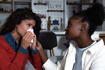 Young woman came to her friend and sat in apartment to confide and complain about her boyfriend or the husband she was arguing with while the other woman comforted and calmed her