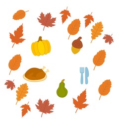 Thanksgiving dinner celebration, traditional with Happy Thanksgiving text. Thanksgiving. Pumpkin and dried leaves