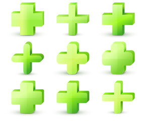 Fototapeta premium Green cross. Vector set. Cross symbol of safety guidance. Green plus sign
