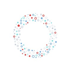 Colorful geometric stars frame - wreath. Abstract vector background with colorful stars shapes consisting of spherical geometric particles. Star's frame's colorful halftone.