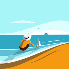 A little boy with a boat looks into the distance to the departing ship. Vector illustration.