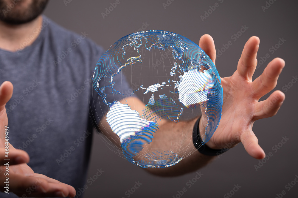Poster Global telecommunication network around the World with connections between data centers or satellites. Planet Earth from space, concept for connected