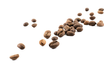 Photo of scattered coffee beans on white background