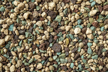 Macro texture of non-organic plant substrate Lechuza-Pon. Soil mix of lava rock, pumice, zeolites and fertilizer for succulents and cactus as a background. Houseplant soil substrate for floriculture.