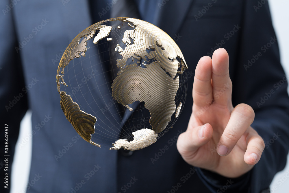 Poster Global telecommunication network around the World with connections between data centers or satellites. Planet Earth from space, concept for connected