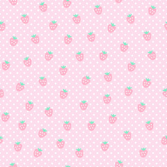 Seamless pattern with strawberries. Light pale pink background in polka dot style.