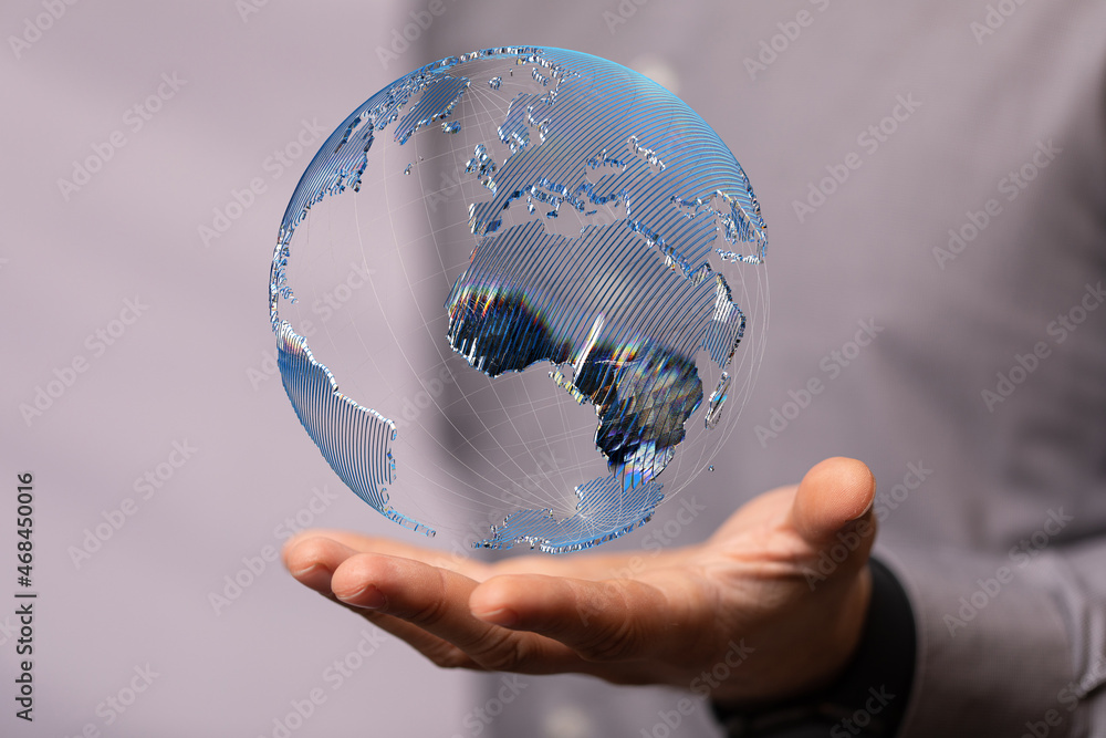 Poster Global telecommunication network around the World with connections between data centers or satellites. Planet Earth from space, concept for connected