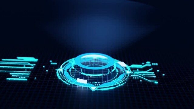 HUD circle interfaces. Hi tech futuristic display. Blue hologram button. Digital data network protection, future technology network concept FHD. Modern cyberspace innovation. 3D animation